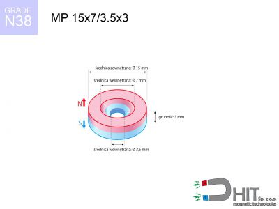 magnes neodymowy pierścieniowy MP 15x7/3.5x3 N38  MP 15x7/3.5x3 N38 magnes neodymowy pierścieniowy