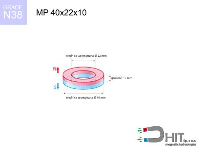 magnes neodymowy pierścieniowy MP 40x22x10 N38  MP 40x22x10 N38 magnes neodymowy pierścieniowy