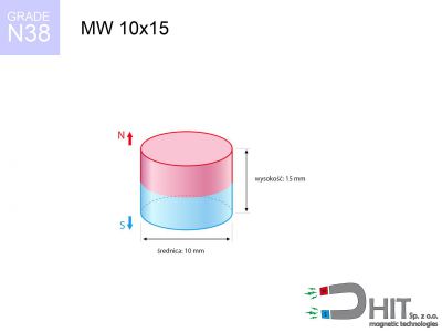 magnes neodymowy walcowy MW 10x15 N38  MW 10x15 N38 magnes neodymowy walcowy