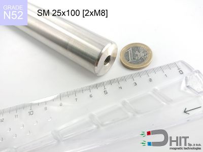 SM 25x100 [2xM8] N52 - wałki magnetyczne z magnesami neodymowymi