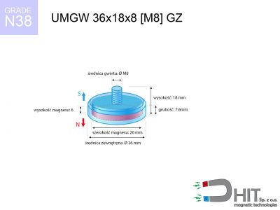 UMGZ 36x18x8 [M6] GZ N38 uchwyt magnetyczny gwint zewnętrzny