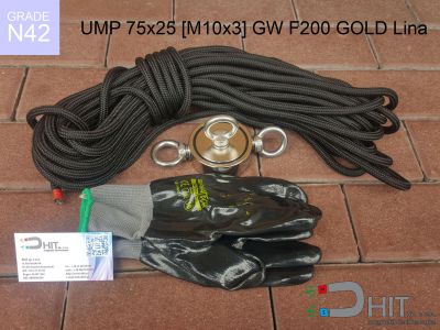 UMP 75x25 [M10x3] GW F200 GOLD Lina N42 - neodymowe magnesy do poszukiwań w wodzie